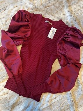 Women's Puff-Sleeve Ribbed Sweater Top - Burgundy